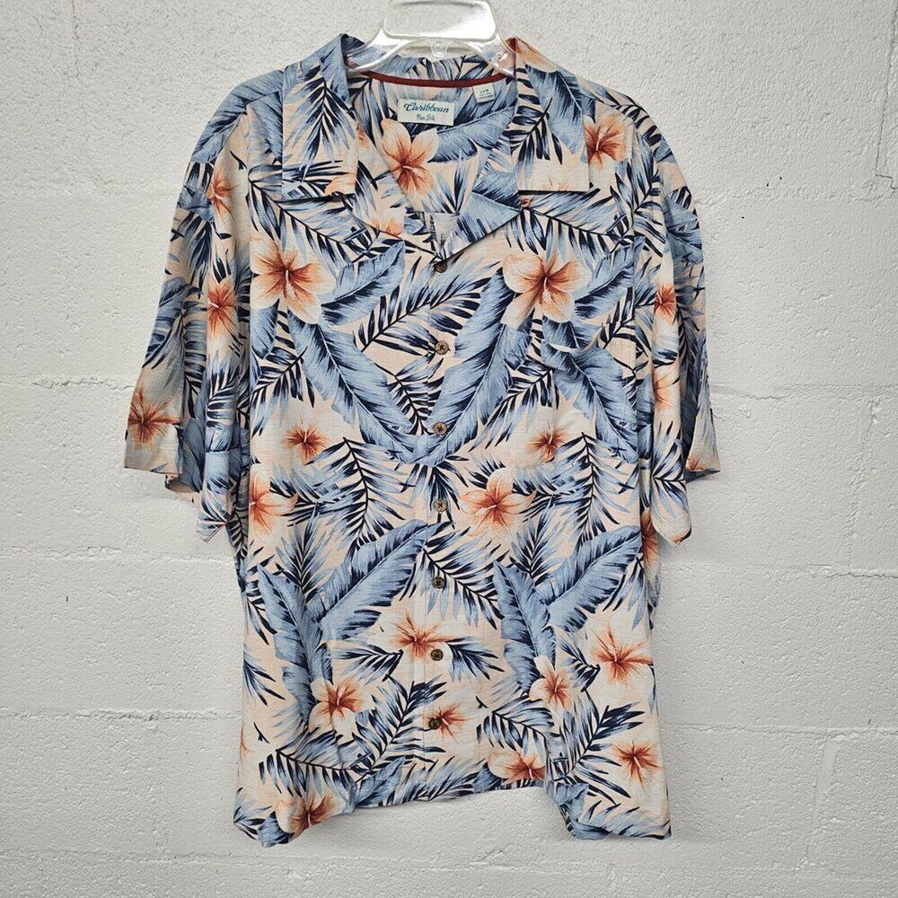 Caribbean‎ Men's Short Sleeve Button Up Pure Silk Floral Hawaiian Shirt Size 2XB